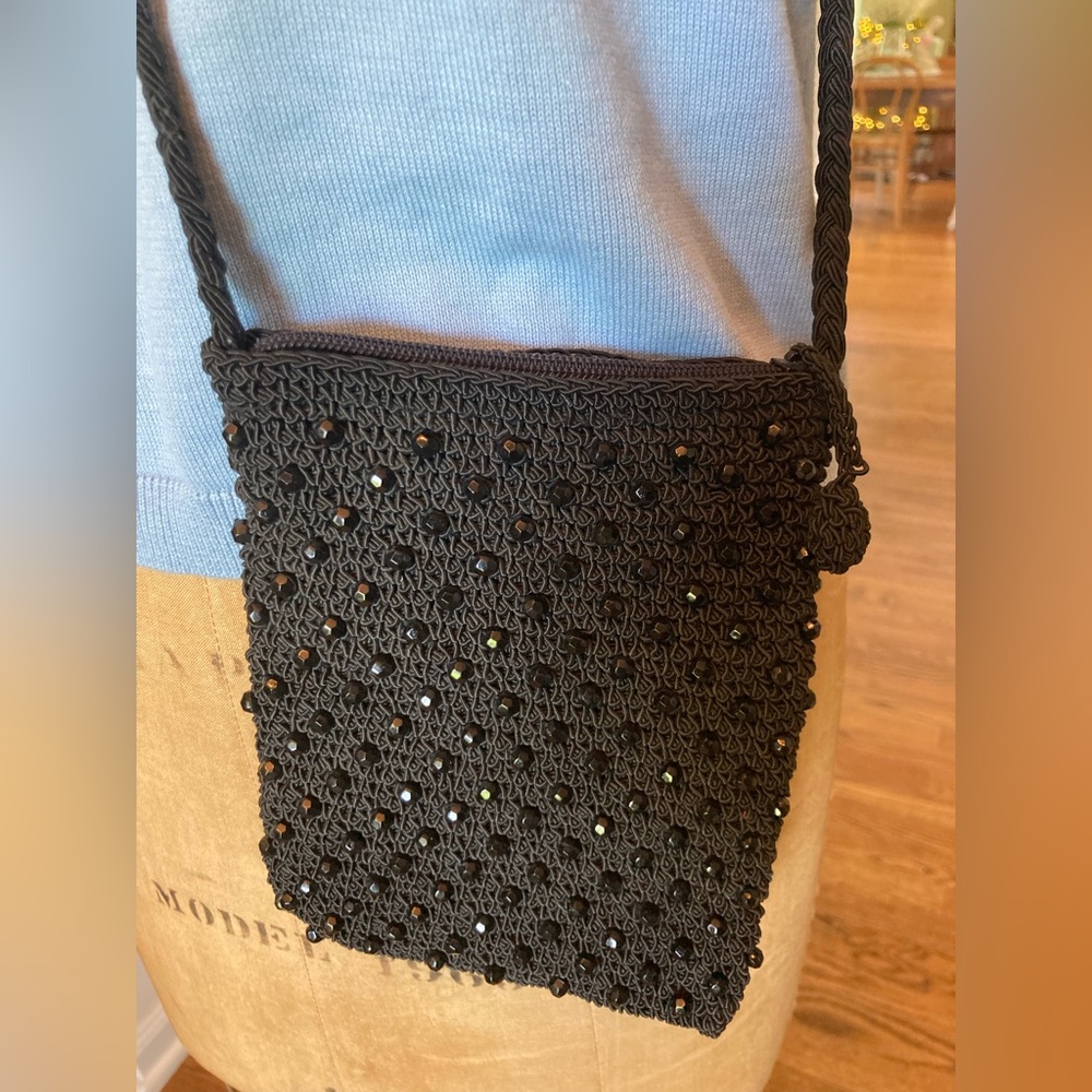 Beaded Crocheted Crossbody 7” x 5 1/2” Black with Faceted beads on both sides